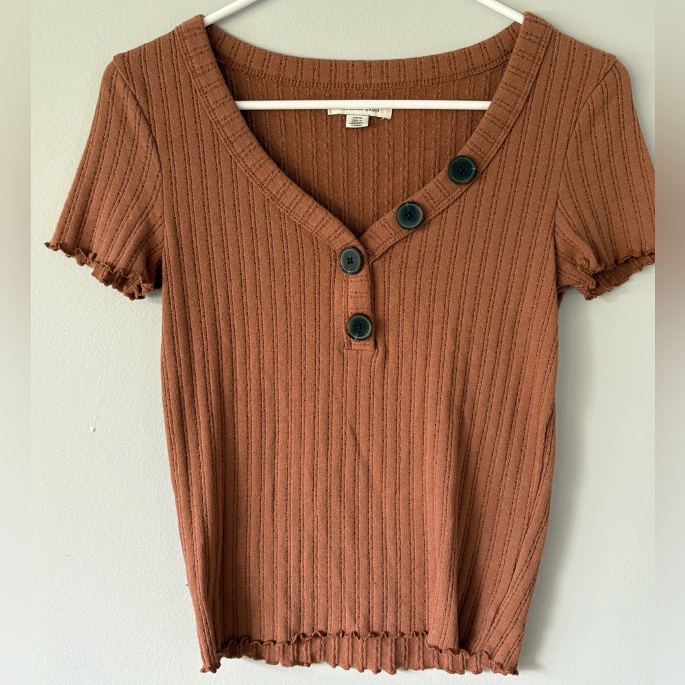Ribbed Brown Button-Detail Top